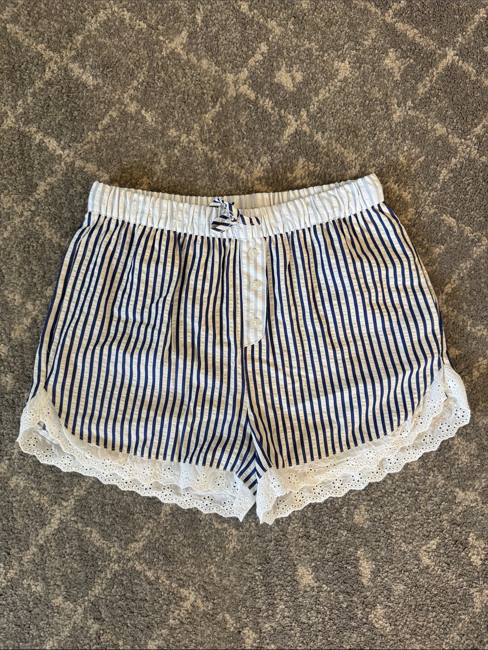 Striped Navy and White Lace-Trim Casual Shorts